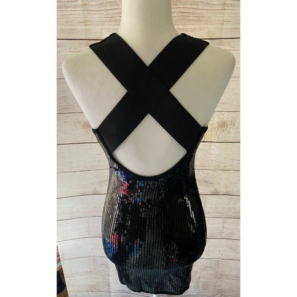 Bebe black sequin mini dress cross straps XS - Picture 4 of 7